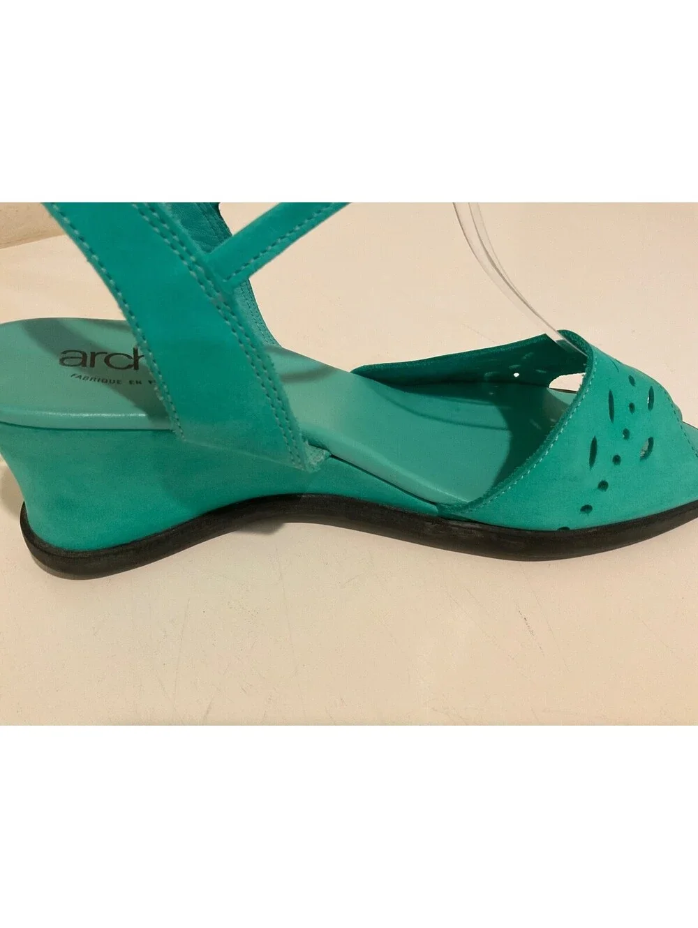 Arche France Turquoise Nubuck Leather Laser Cut Wedge Strappy Sandals EUR38 US7